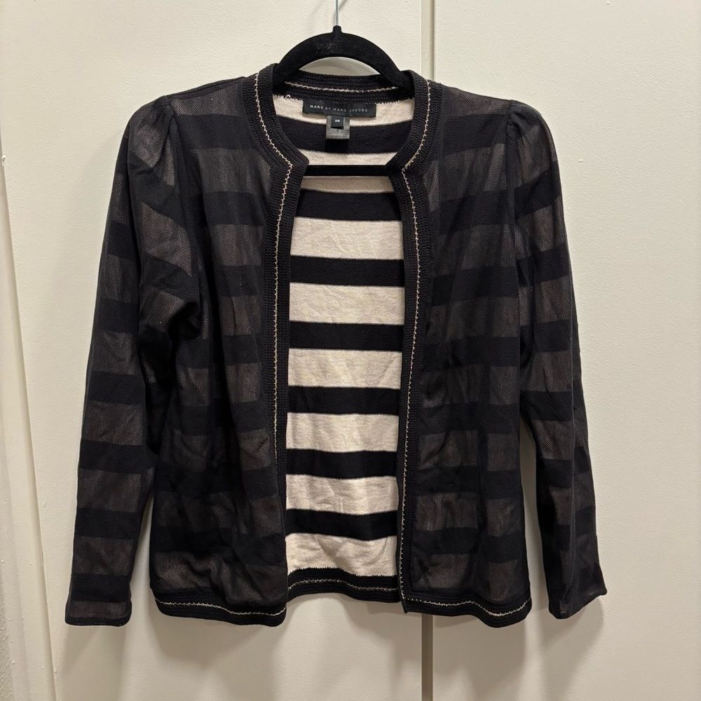 Marc by Marc Jacobs Sz XS Cashmere Blend Black White Striped Mesh Cardigan